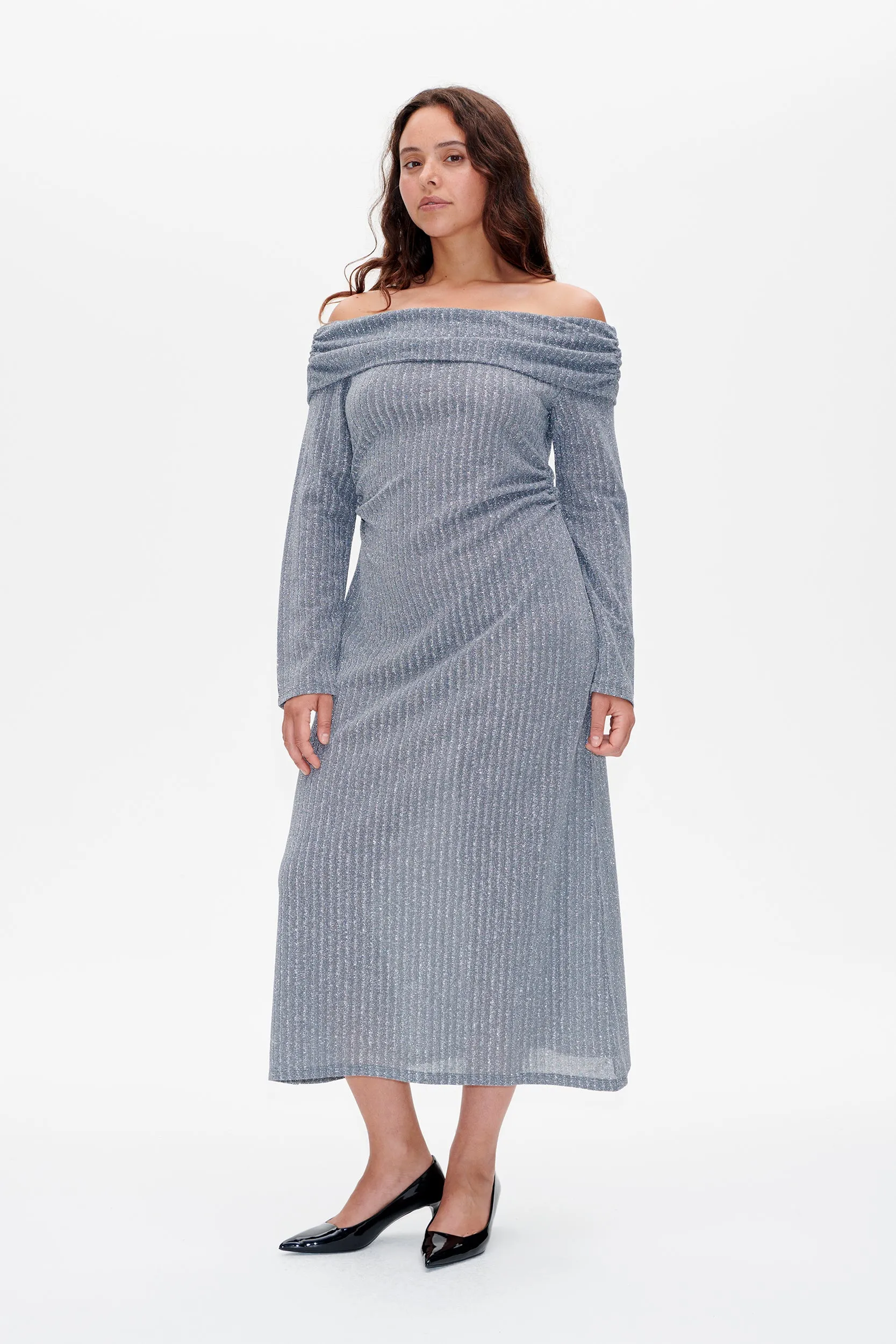 JOA DRESS | Silver Lurex Pinstripe sold by Baum und Pferdgarten