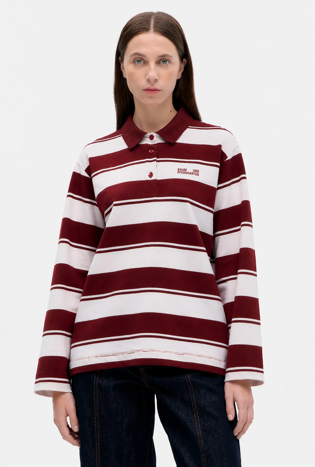 JEANNE TOP | Pink Red Polo Stripe sold by Baum und Pferdgarten