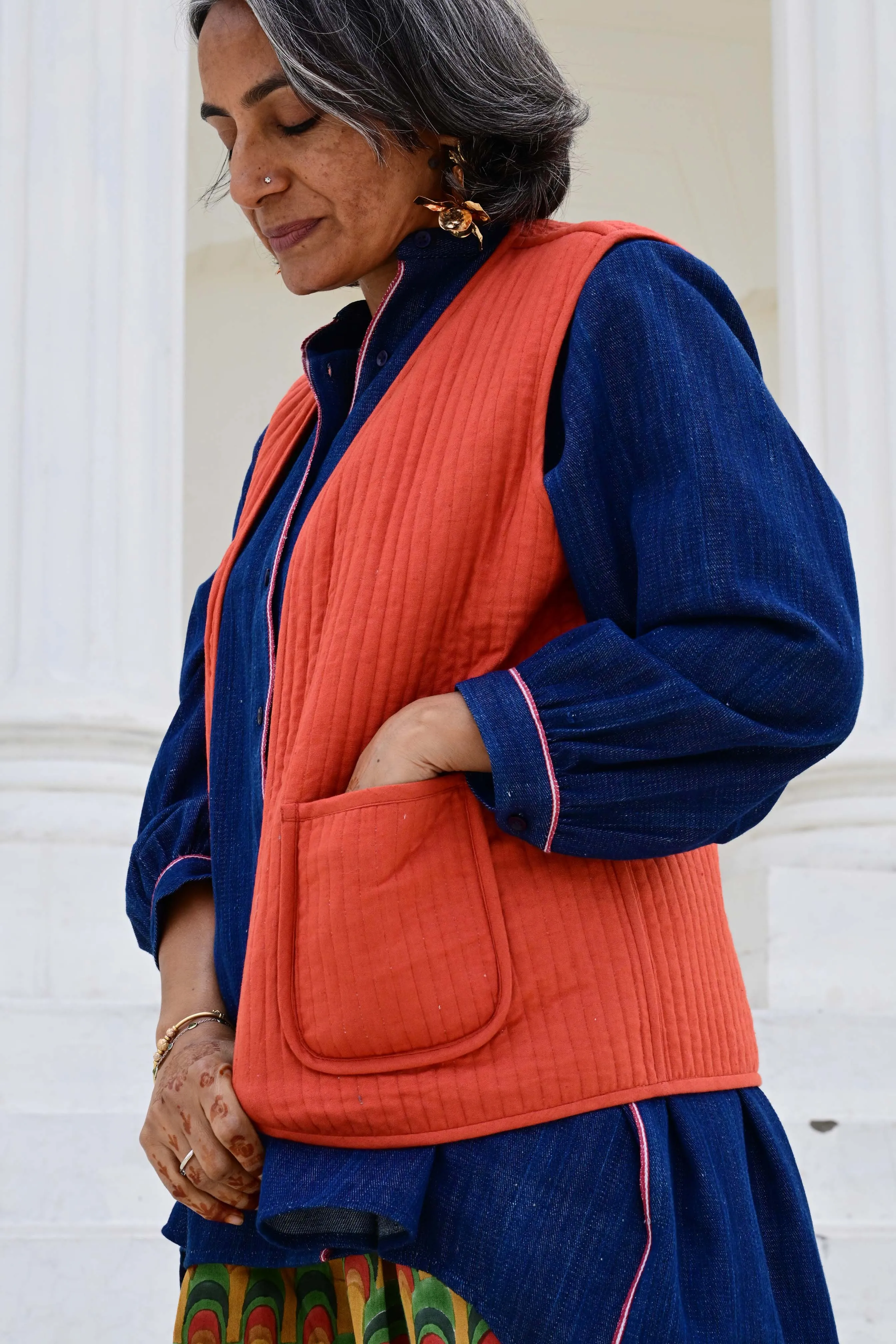 Quilted Reversible Waistcoat in 'Peacock Fan' & 'Rust' sold by Humphries & Begg product image thumbnail 2