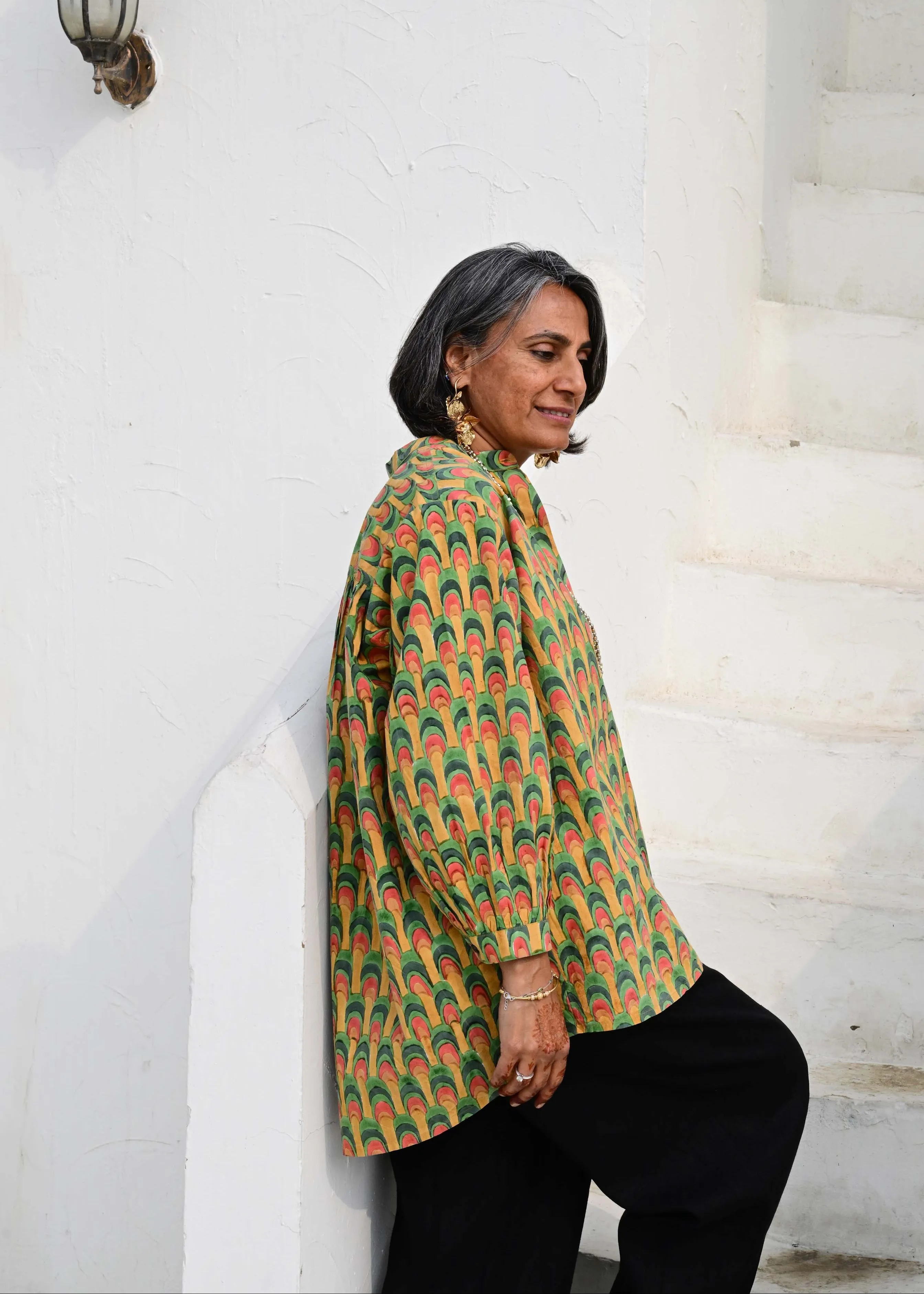 Rita Blouse in 'Peacock Fan' sold by Humphries & Begg