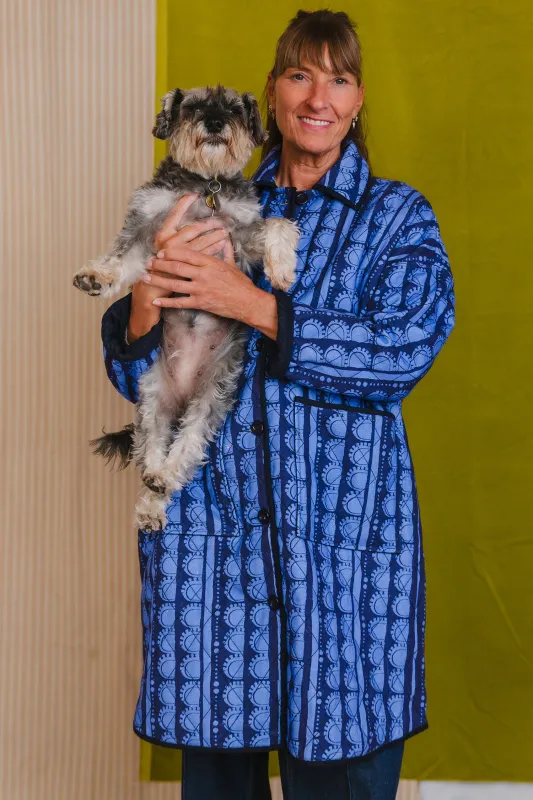 Quilted Overcoat in 'Blue Bead' made by Humphries & Begg