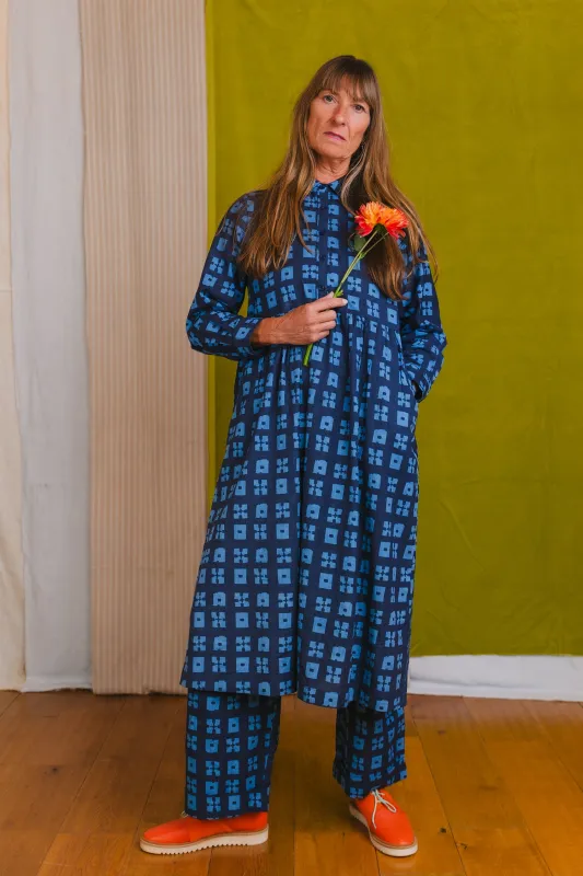Jessie Dress in 'Indigo Chess Set' made by Humphries & Begg