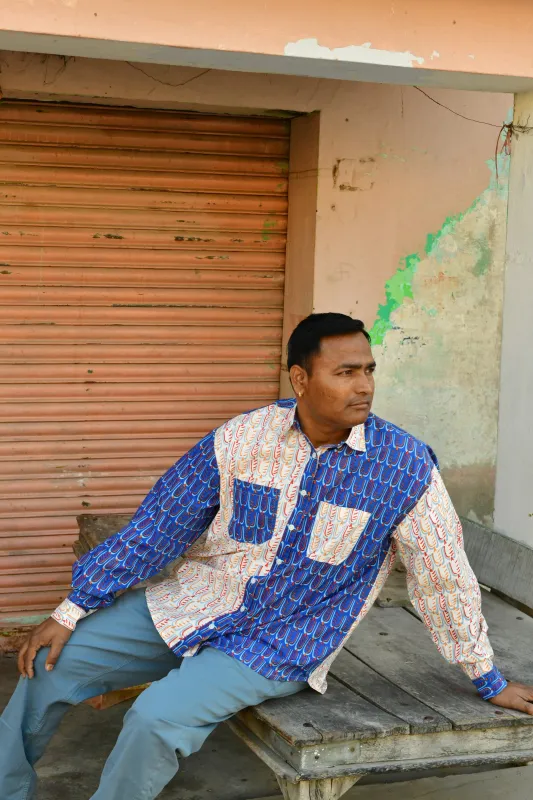 Kit Patchwork Shirt in 'Beaky on Blue' & 'Beaky on White' made by Humphries & Begg