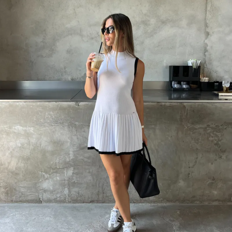 Knitted High Neck Pleated Dress - Off White sold by Lounge Underwear