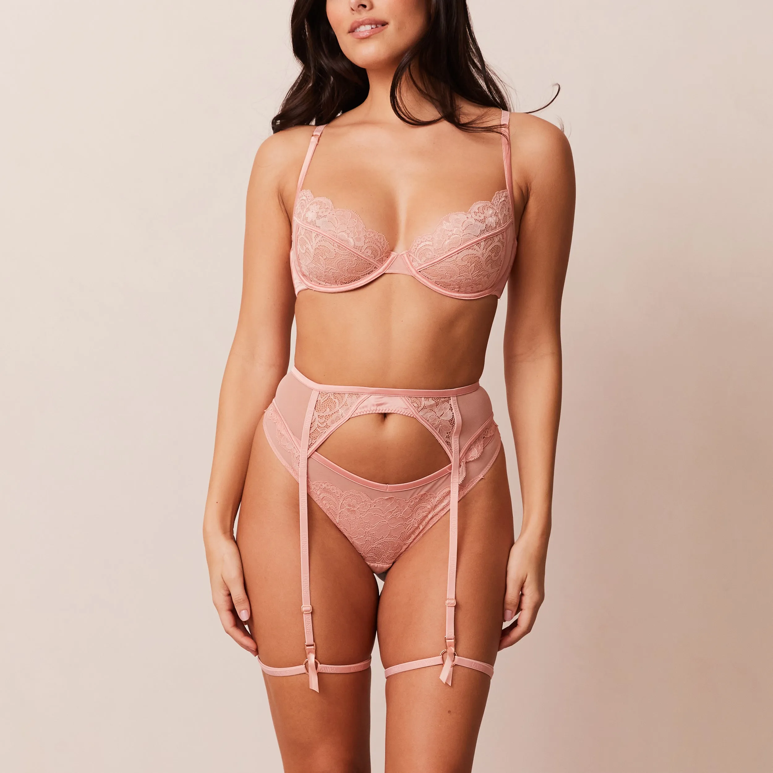 Louise Intimates Thong & Suspender Belt - Pink sold by Lounge Underwear