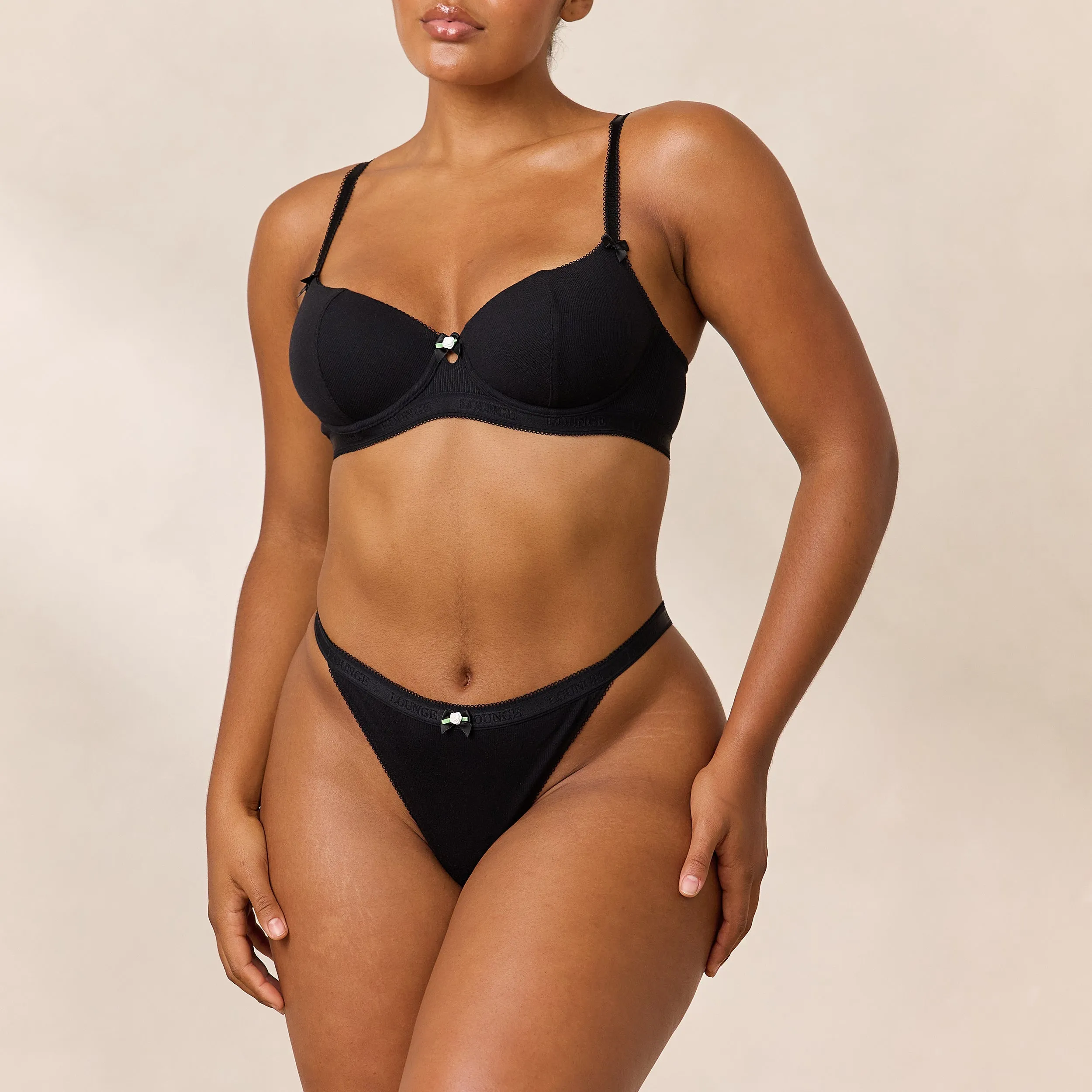Rosebud Ribbed Balcony Bra - Black sold by Lounge Underwear