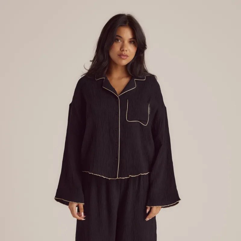 Crinkle Pyjama Shirt - Black sold by Lounge Underwear