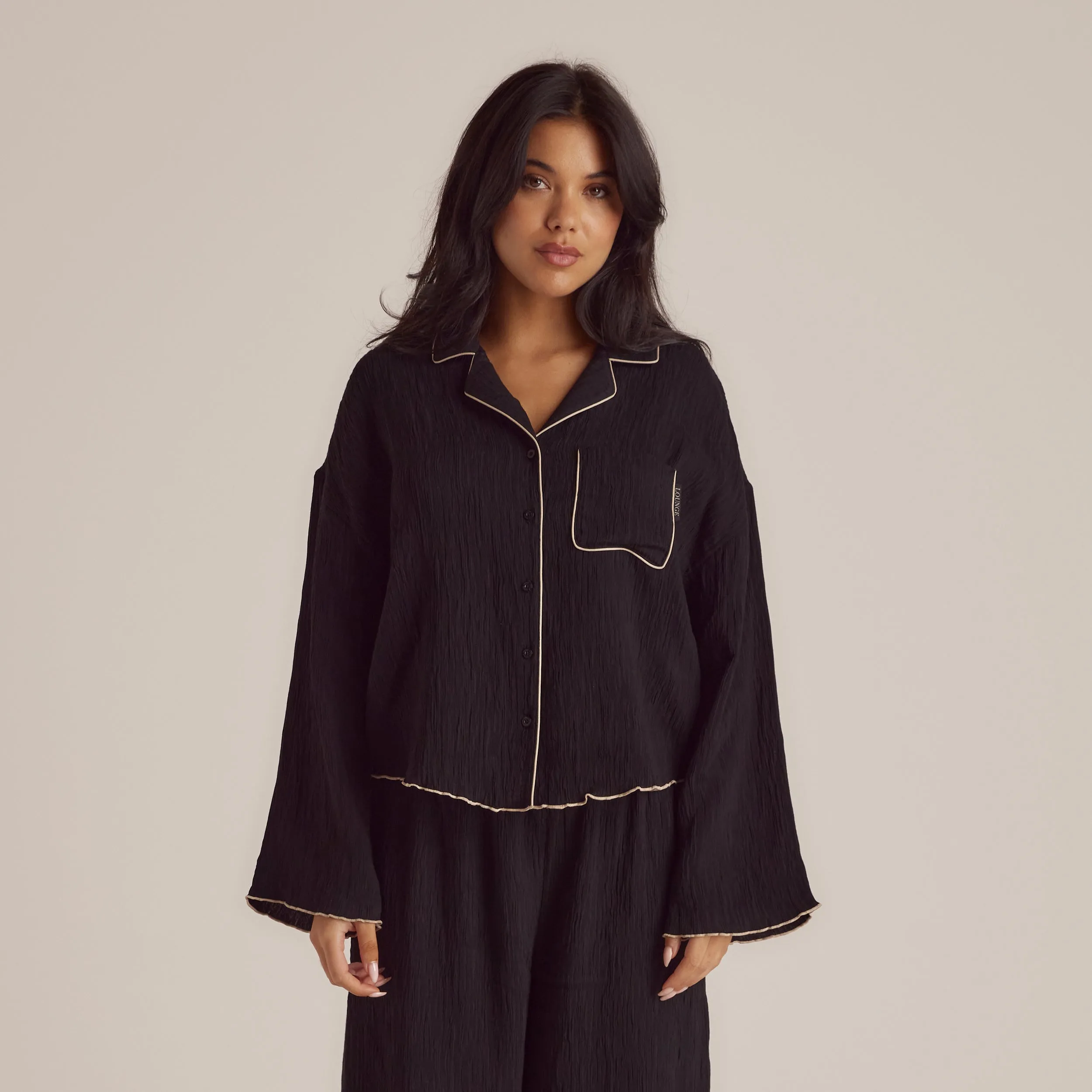 Crinkle Pyjama Shirt - Black sold by Lounge Underwear