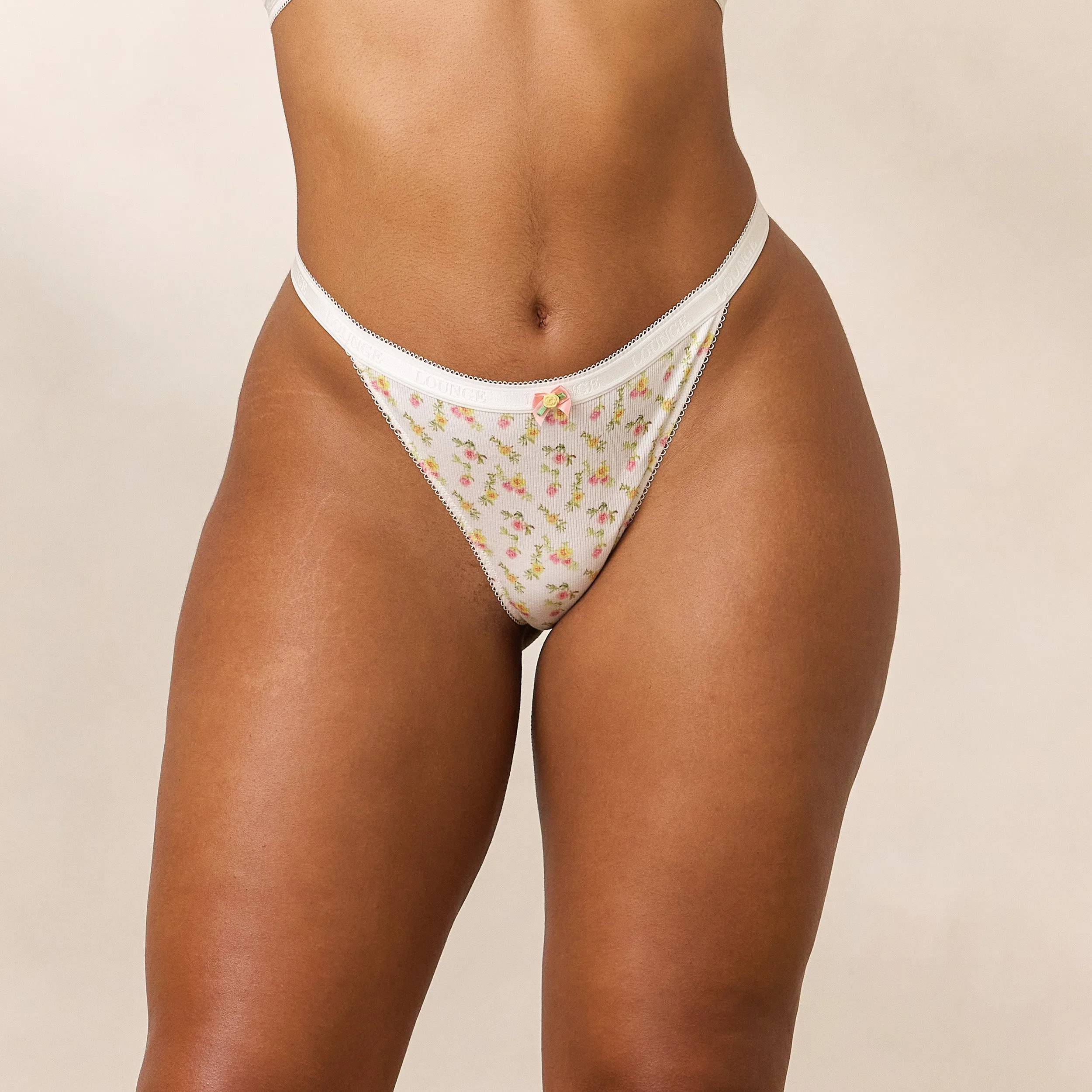 Rosebud Ribbed Thong - White Floral sold by Lounge Underwear