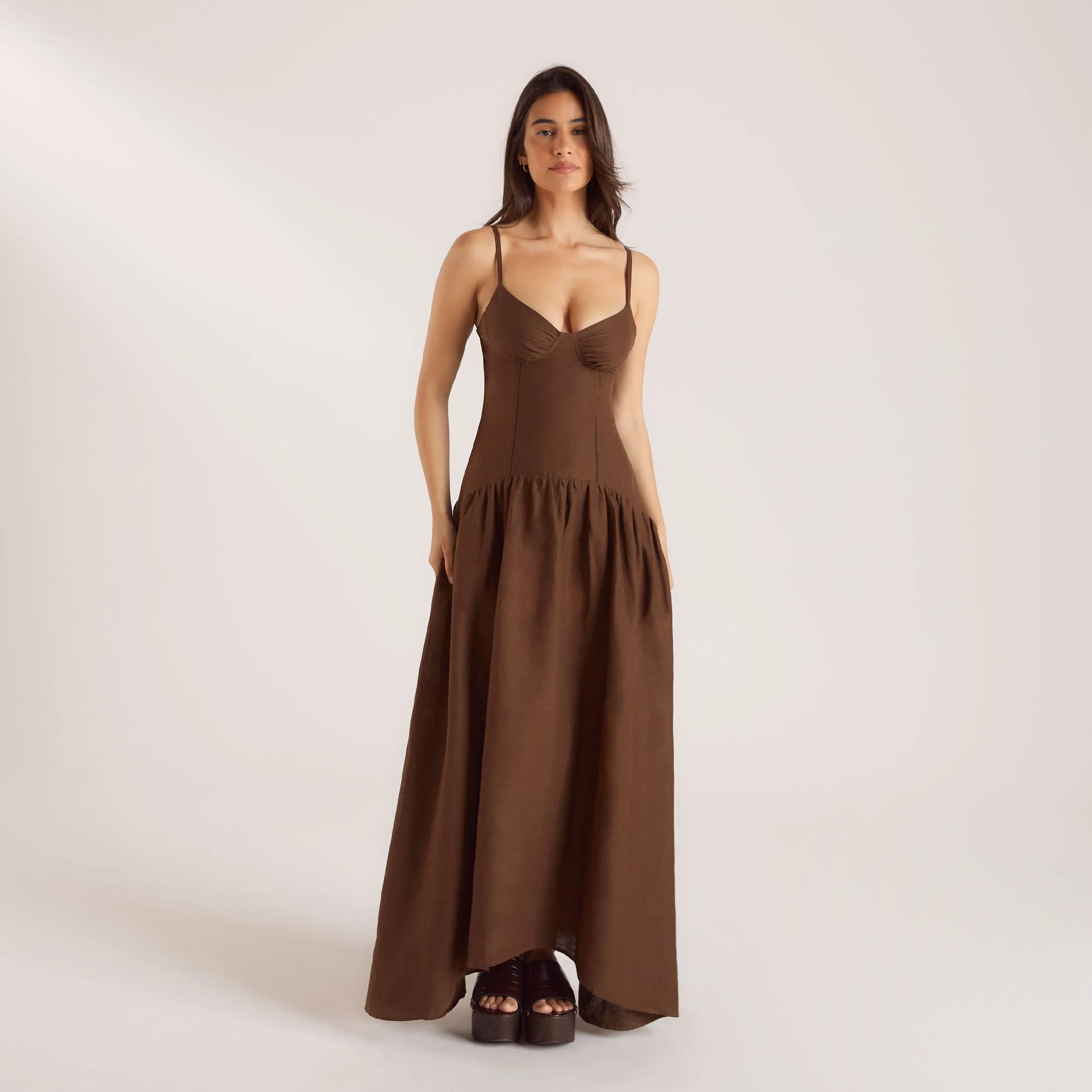 Drop-Waist Linen Maxi Dress - Chocolate sold by Lounge Underwear