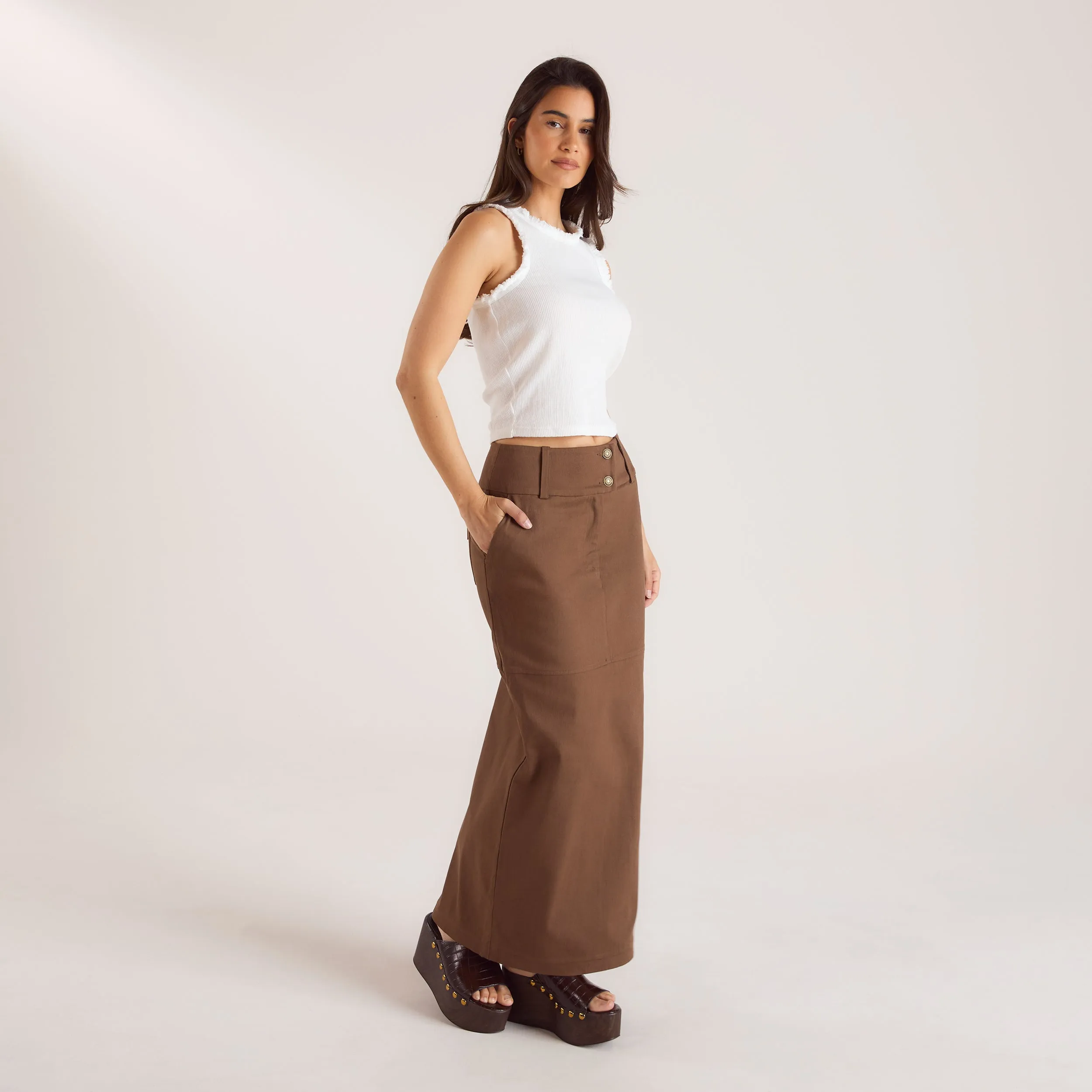 Double Button Woven Maxi Skirt - Chocolate sold by Lounge Underwear