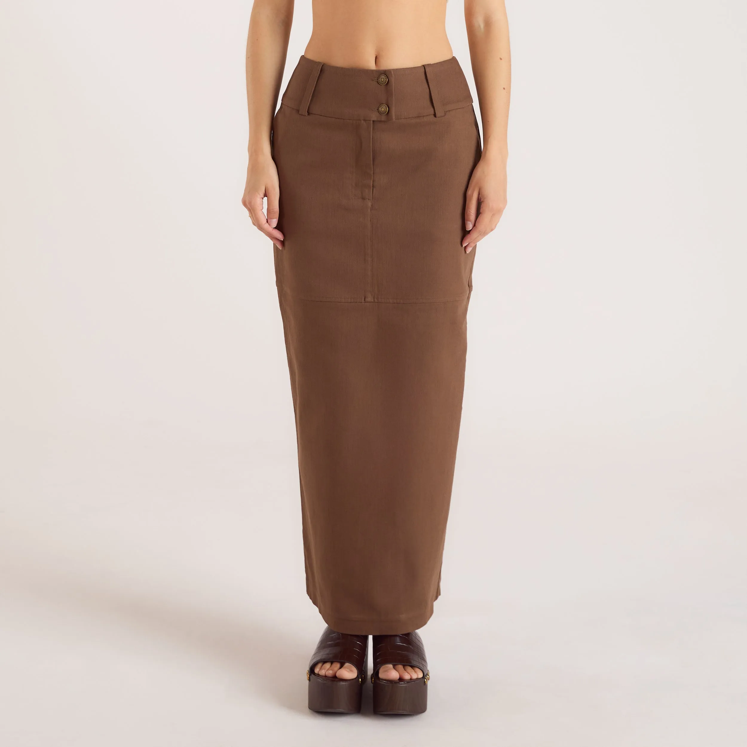 Double Button Woven Maxi Skirt - Chocolate sold by Lounge Underwear product image thumbnail 4