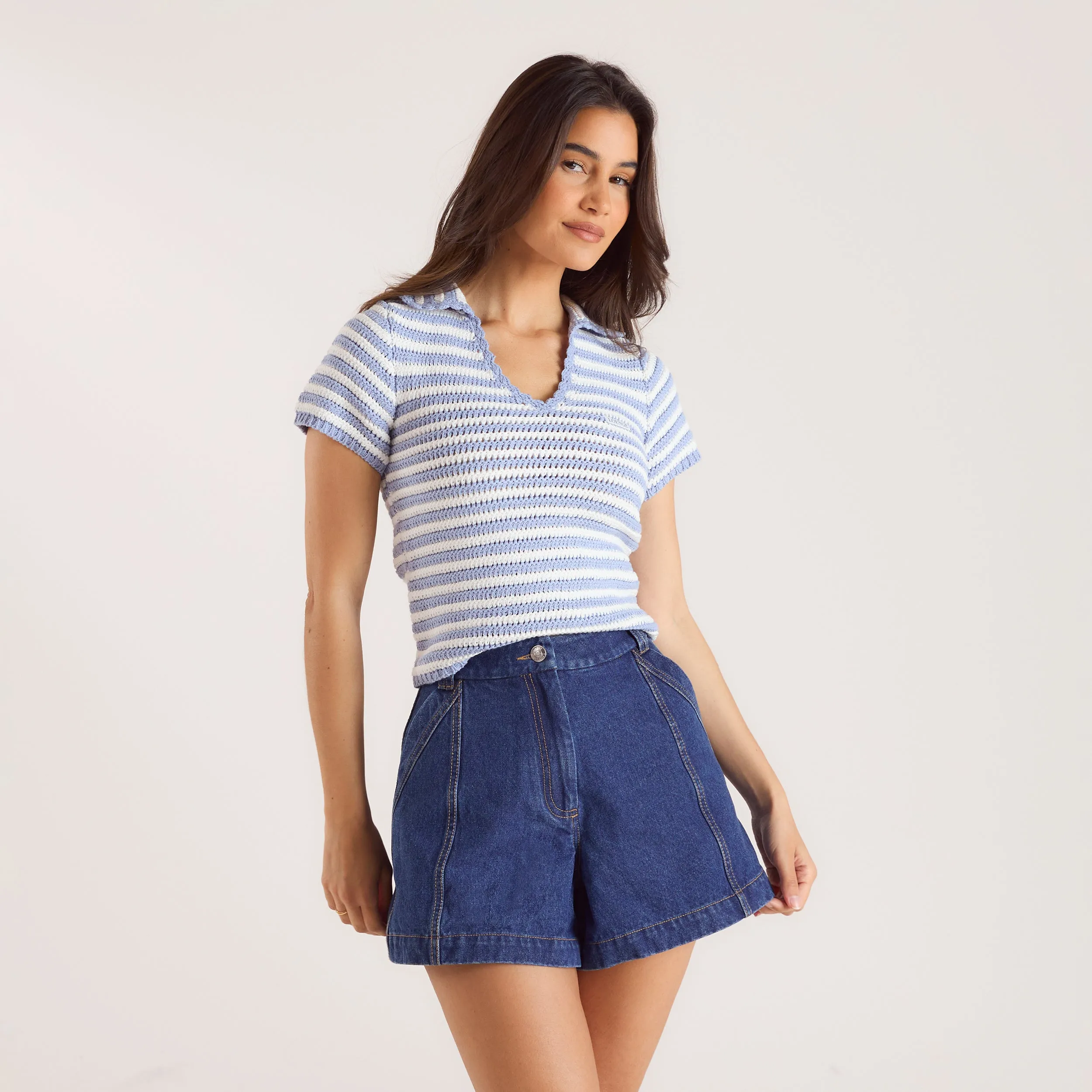 Crochet Polo Top - Blue Stripe sold by Lounge Underwear