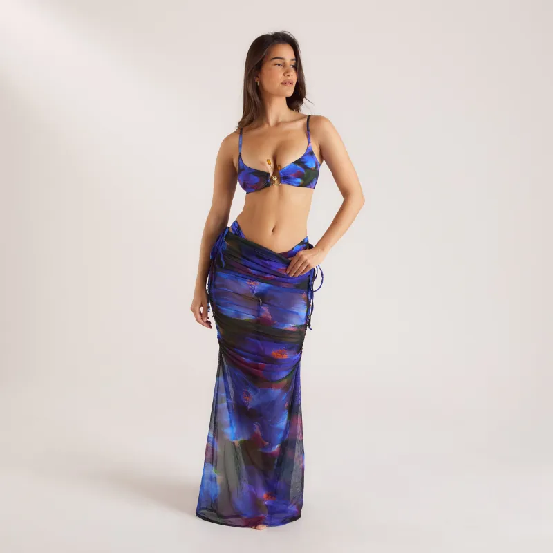 Midnight Tropics Printed Mesh Maxi Skirt - Midnight Blue sold by Lounge Underwear