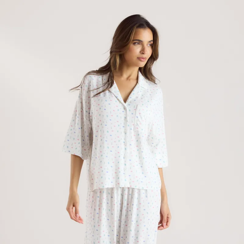 Modal Short Sleeve Pyjama Shirt - White Floral sold by Lounge Underwear