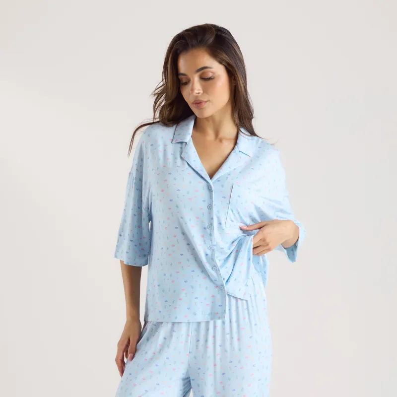 Modal Short Sleeve Pyjama Shirt - Blue Floral sold by Lounge Underwear