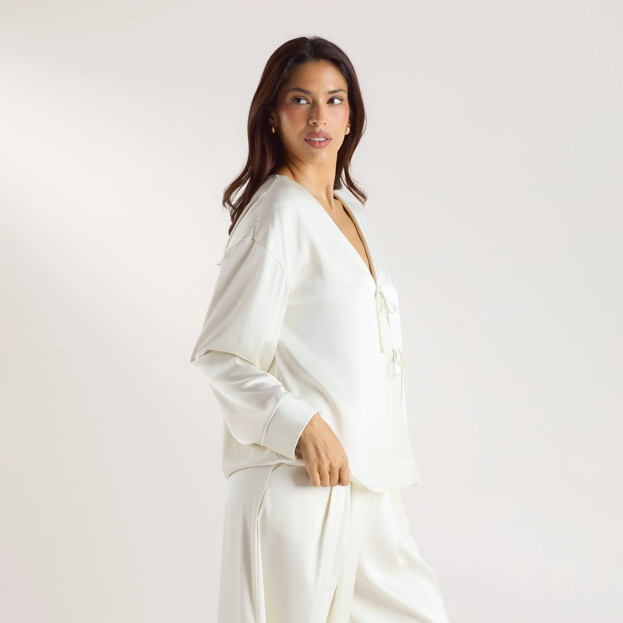 Mimi Long-Sleeved Satin Tie Shirt - Cream sold by Lounge Underwear product image thumbnail 5