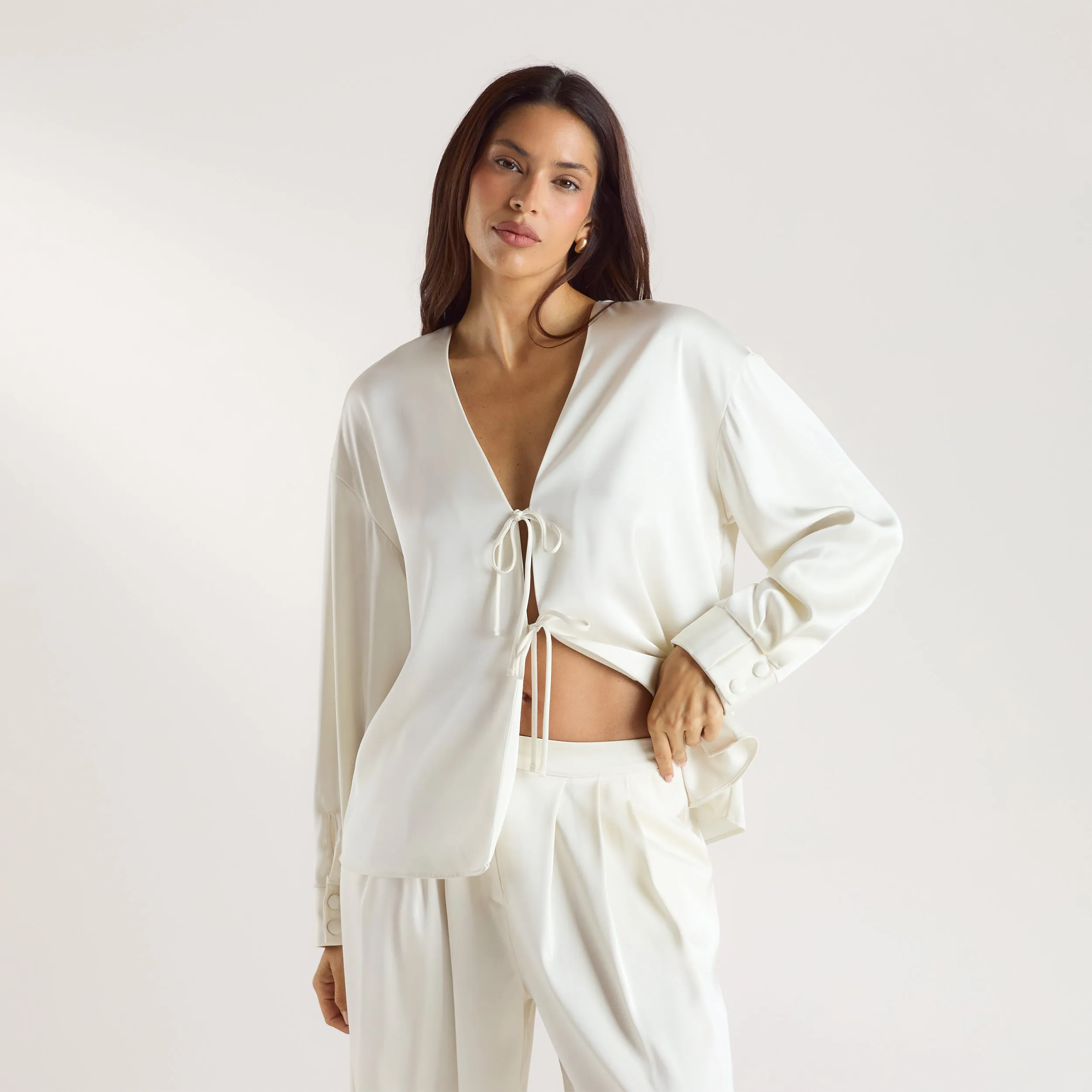 Mimi Long-Sleeved Satin Tie Shirt - Cream sold by Lounge Underwear