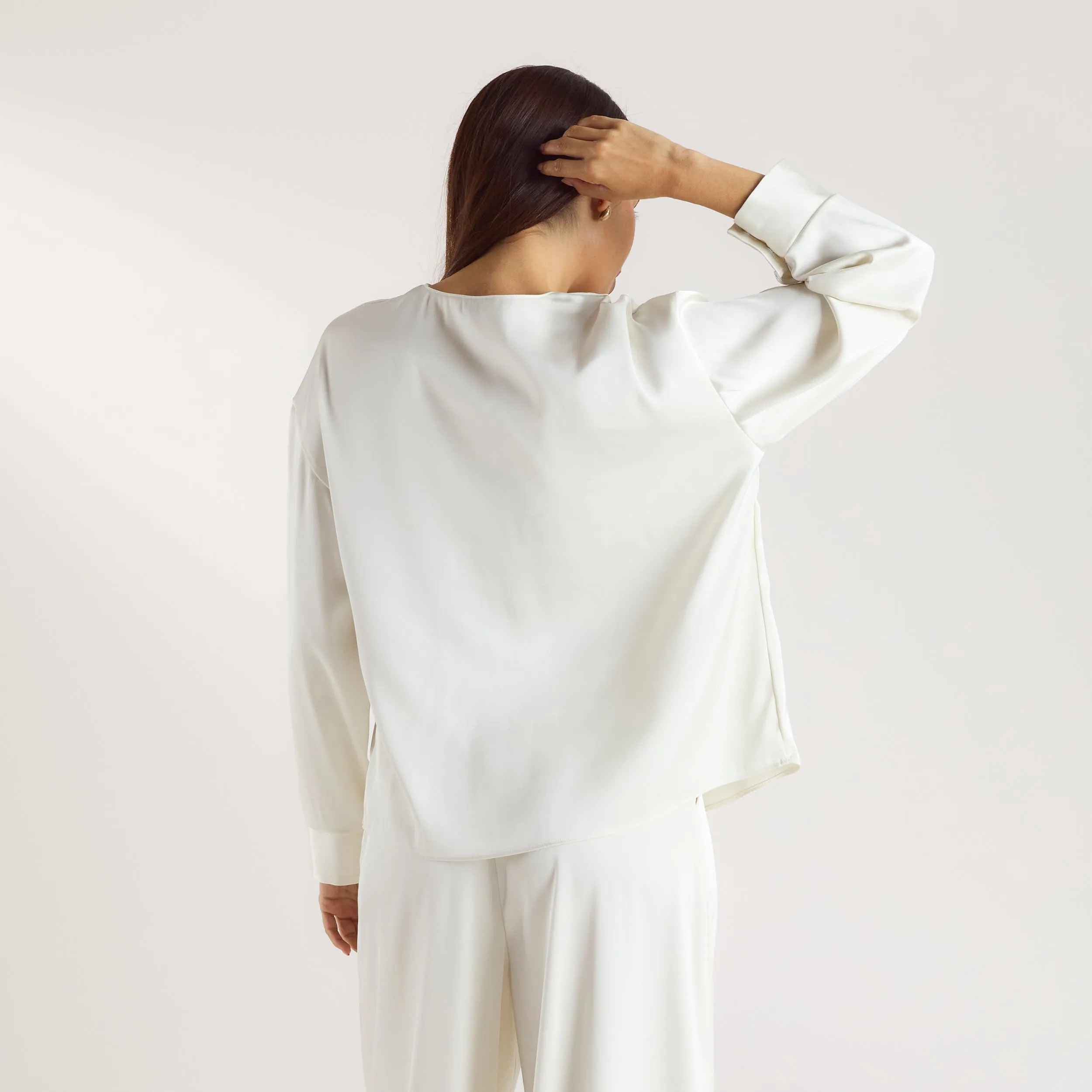 Mimi Long-Sleeved Satin Tie Shirt - Cream sold by Lounge Underwear product image thumbnail 2