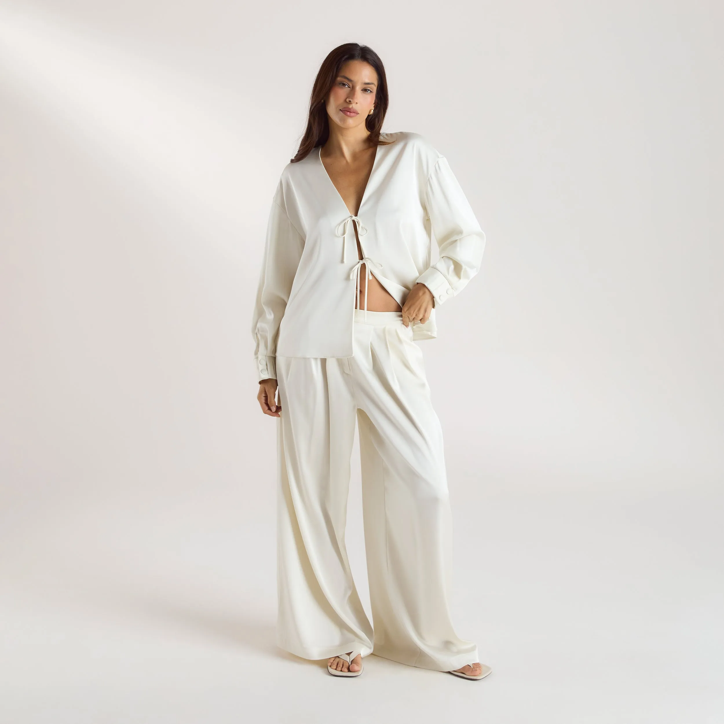 Mimi Long-Sleeved Satin Tie Shirt - Cream sold by Lounge Underwear product image thumbnail 3