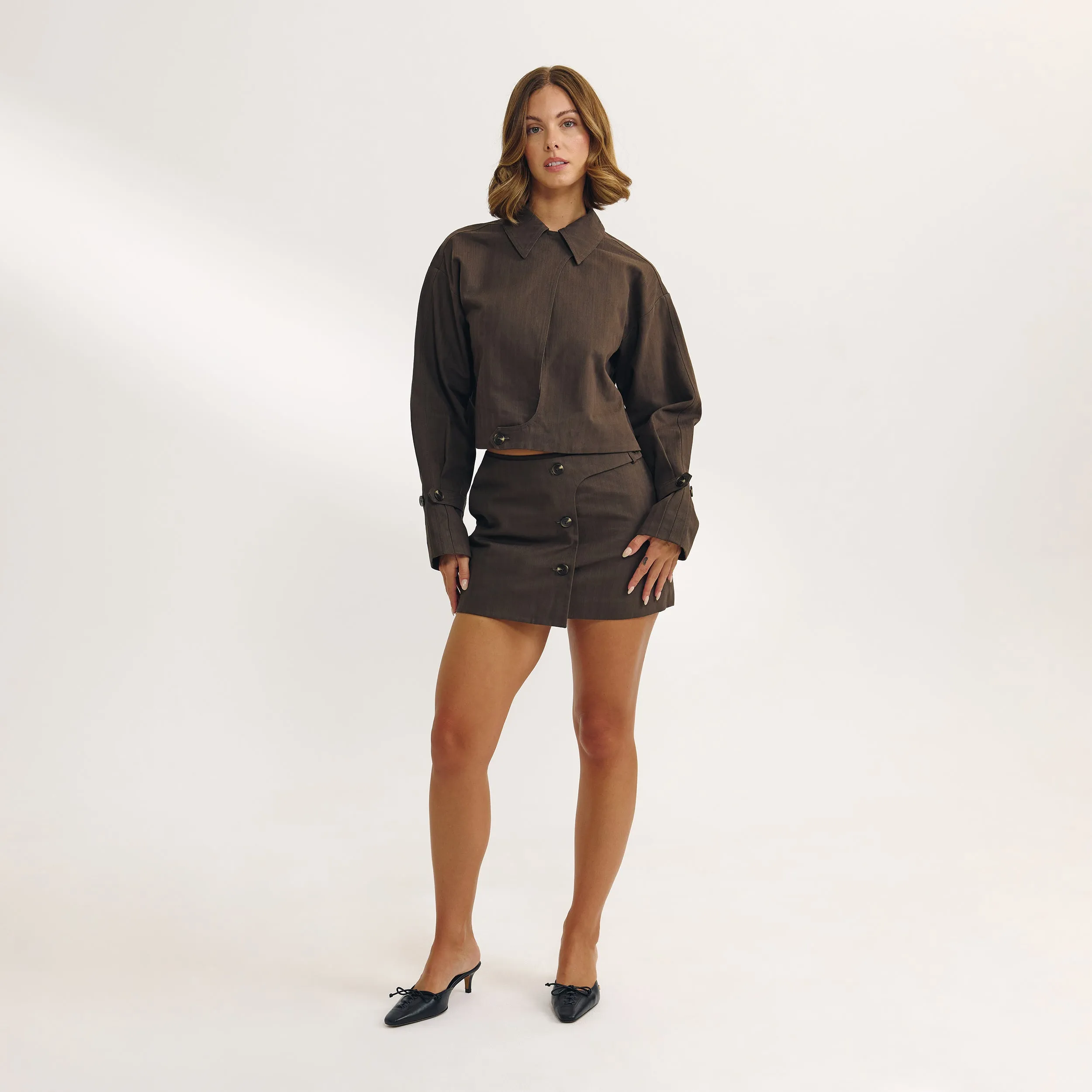 Button Detail Mini Skirt - Dark Brown sold by Lounge Underwear