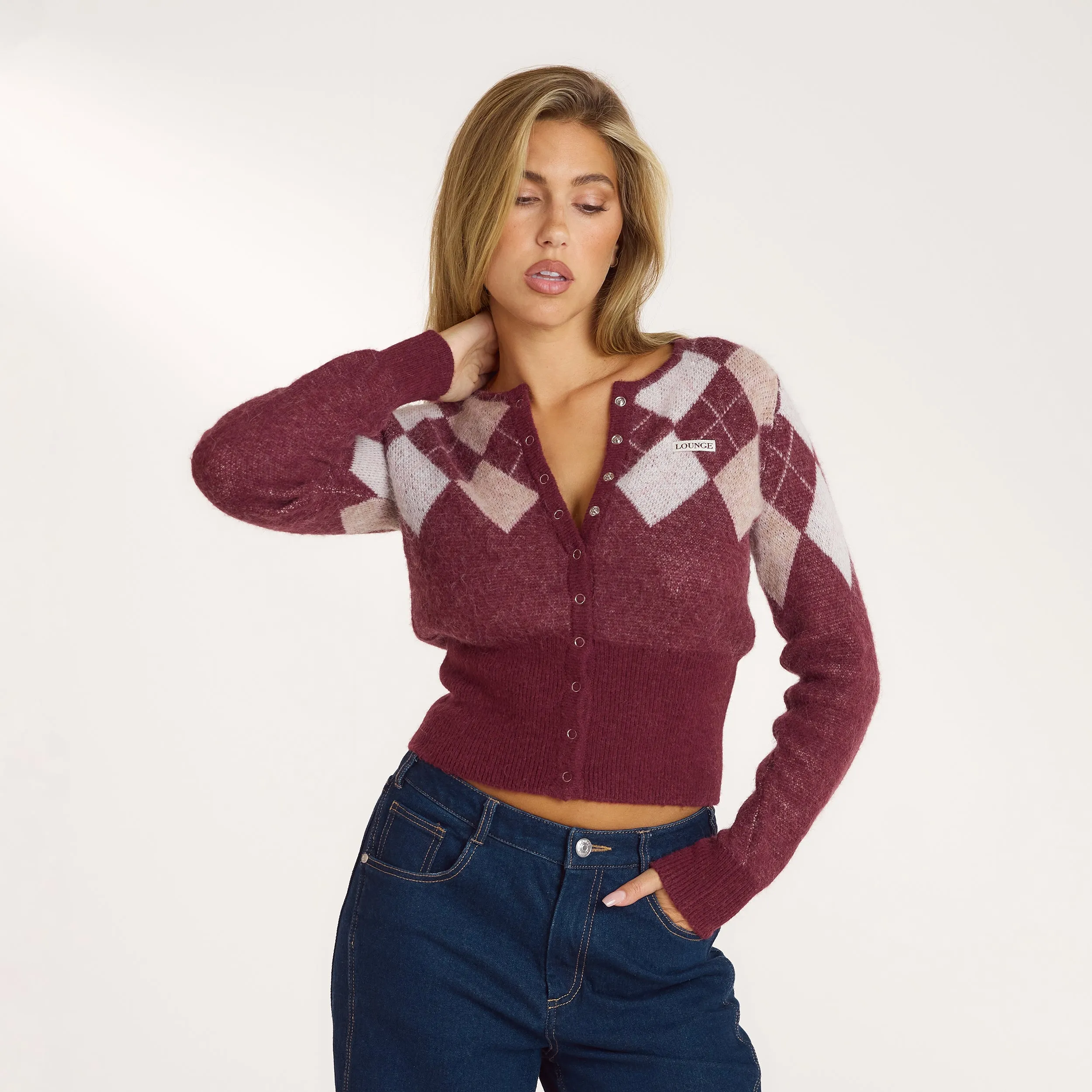 Argyle Wool Blend Cardigan - Cherry Lacquer sold by Lounge Underwear product image thumbnail 2