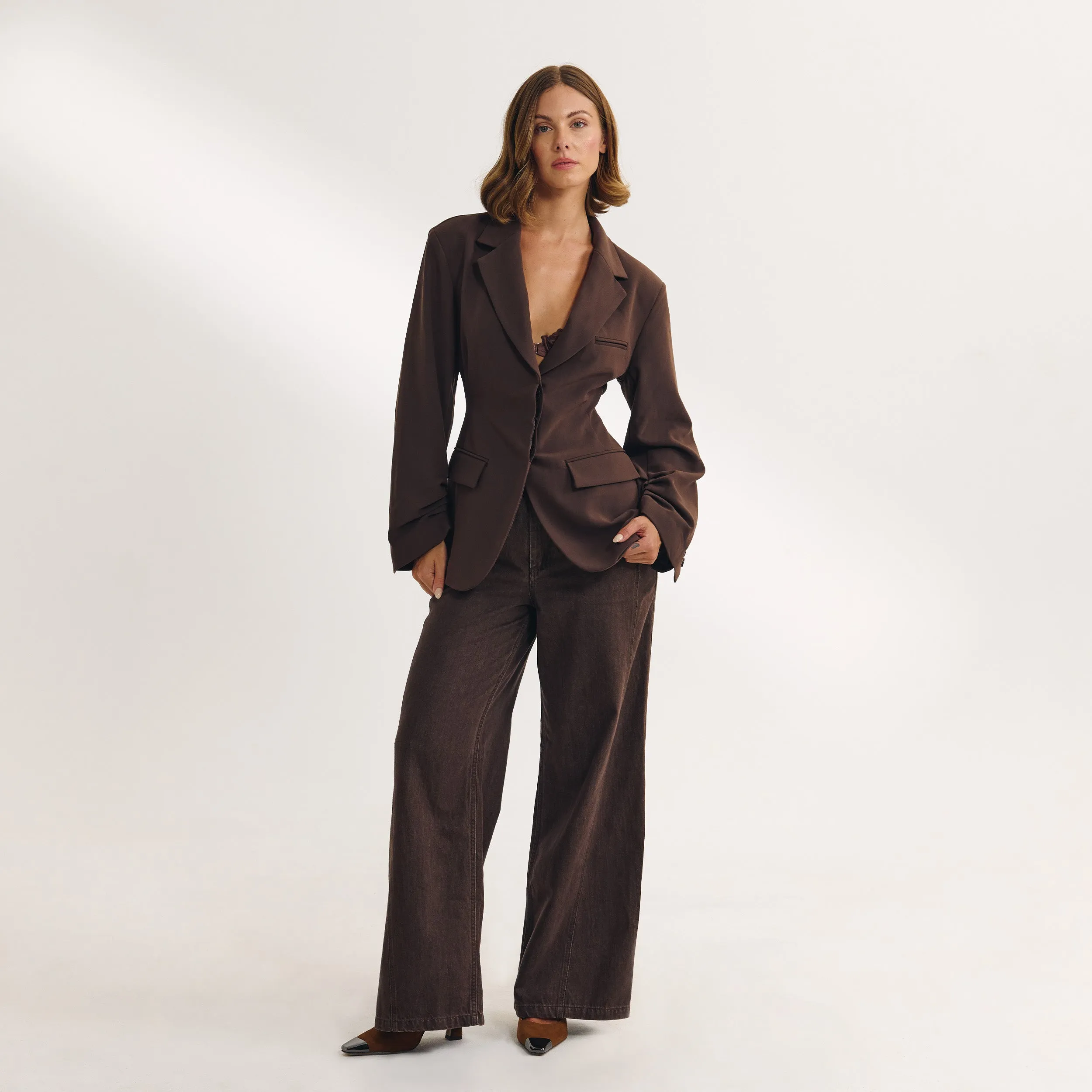 Draped Sleeve Blazer - Chocolate sold by Lounge Underwear