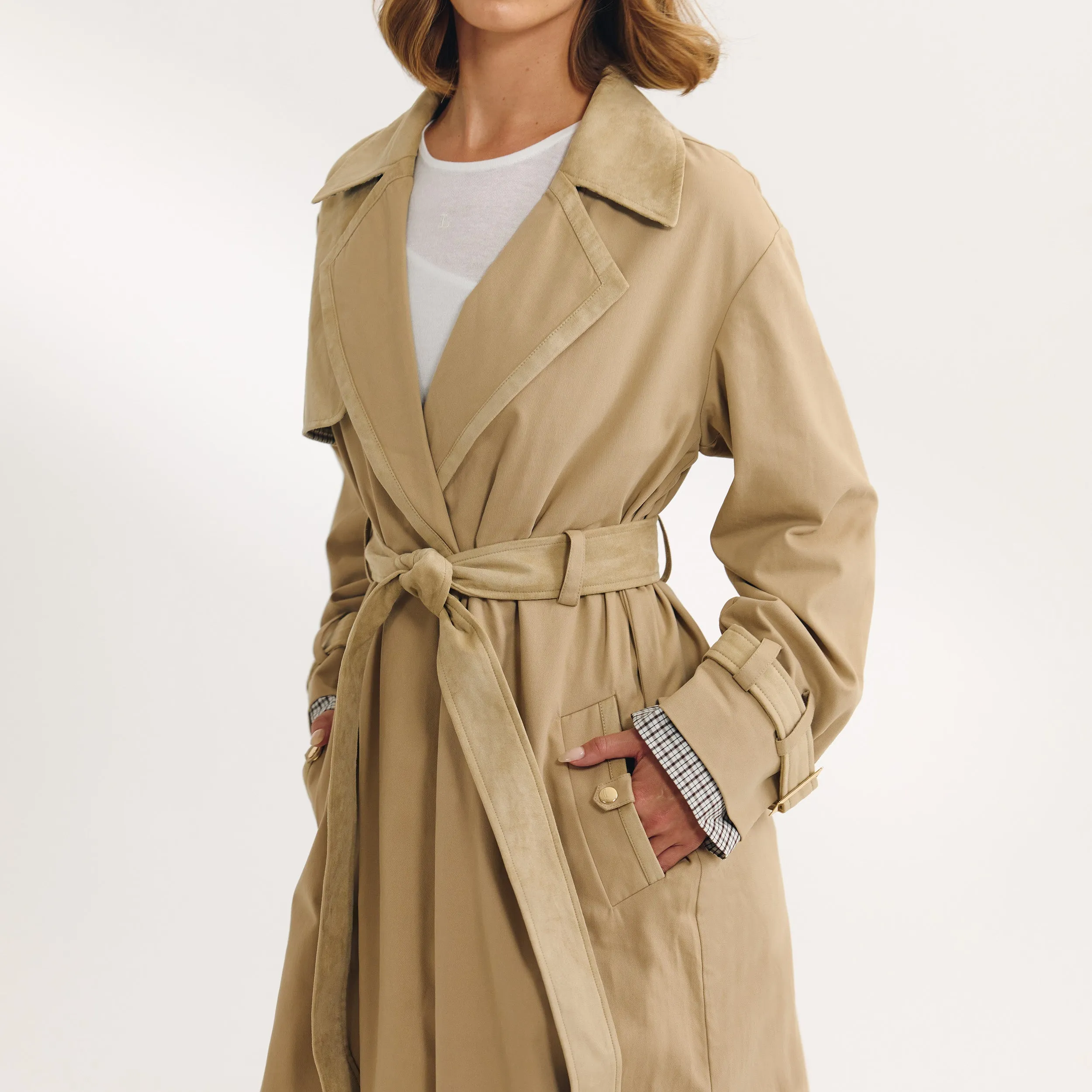 Suedette Trim Trench Coat - Sand sold by Lounge Underwear product image thumbnail 3