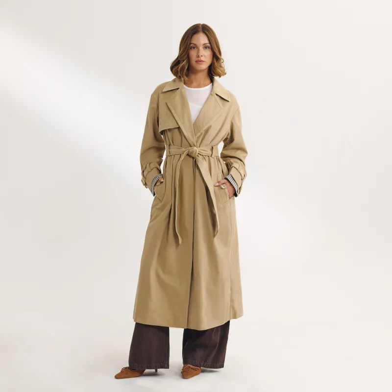 Suedette Trim Trench Coat - Sand sold by Lounge Underwear