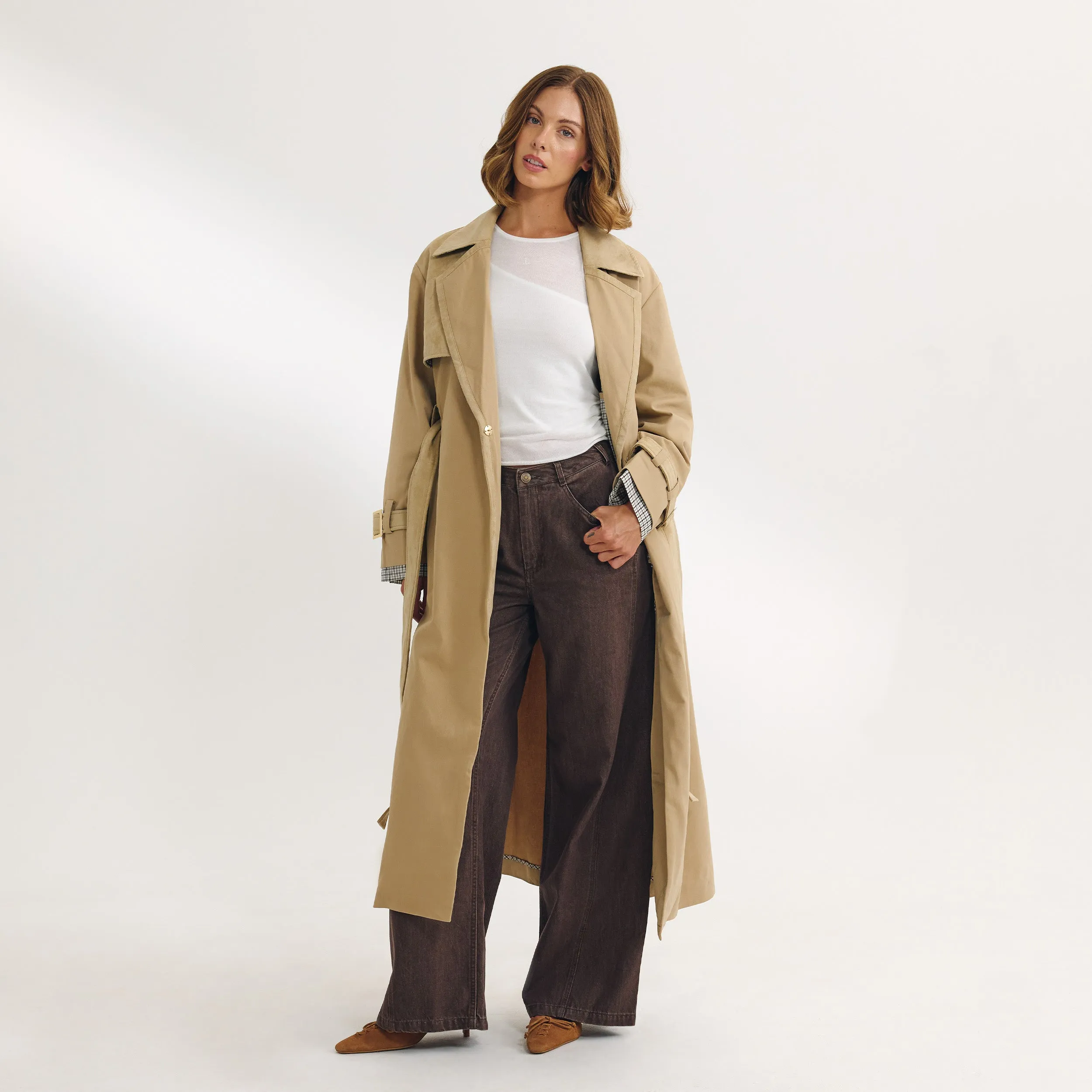 Suedette Trim Trench Coat - Sand sold by Lounge Underwear product image thumbnail 5