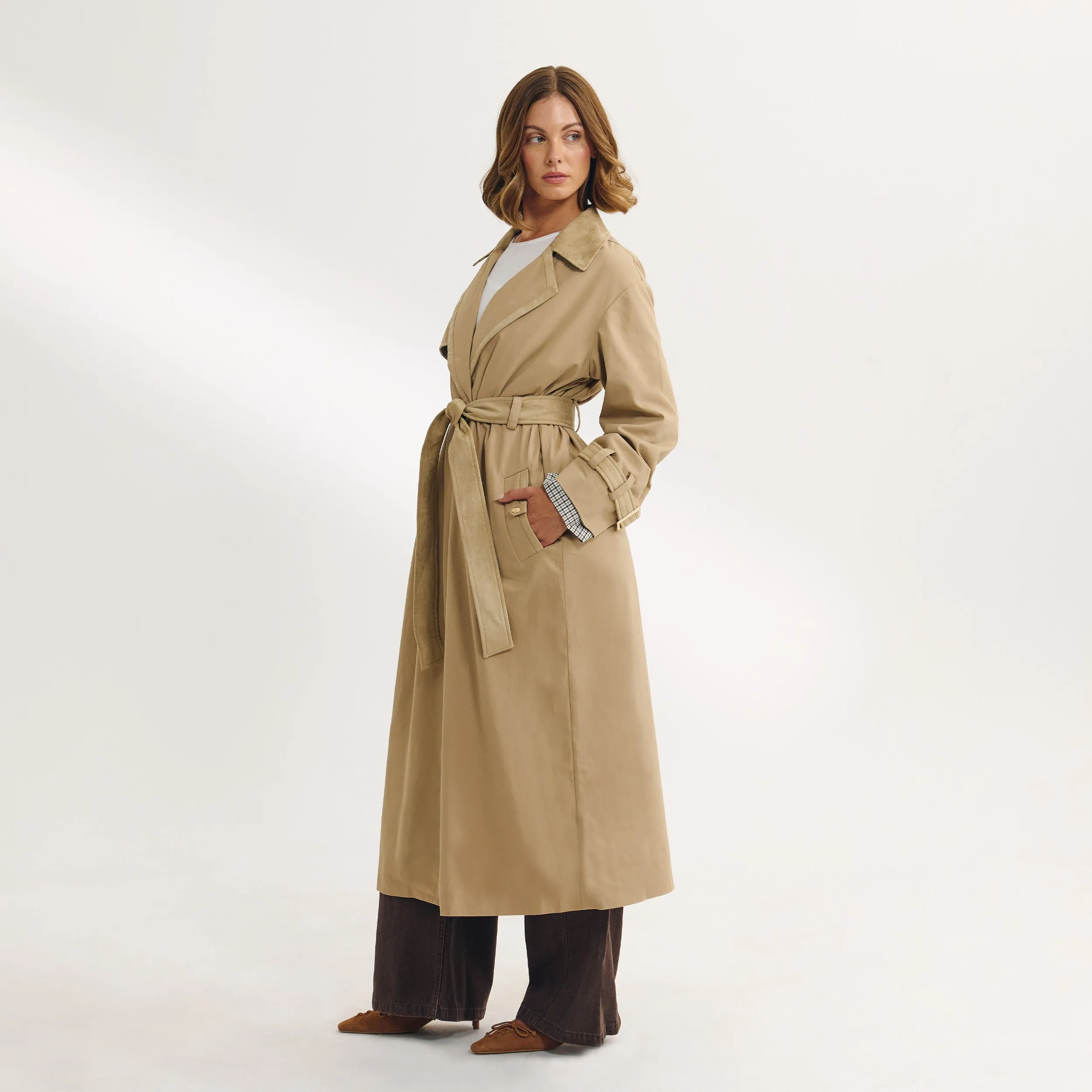 Suedette Trim Trench Coat - Sand sold by Lounge Underwear product image thumbnail 2