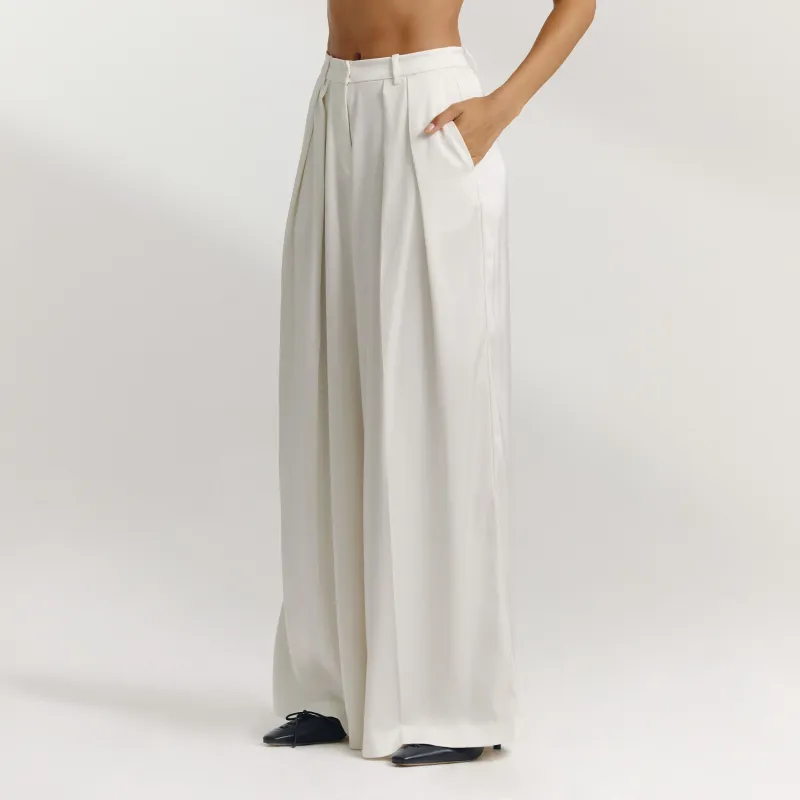 Satin Wide-Leg Trousers - Off White sold by Lounge Underwear