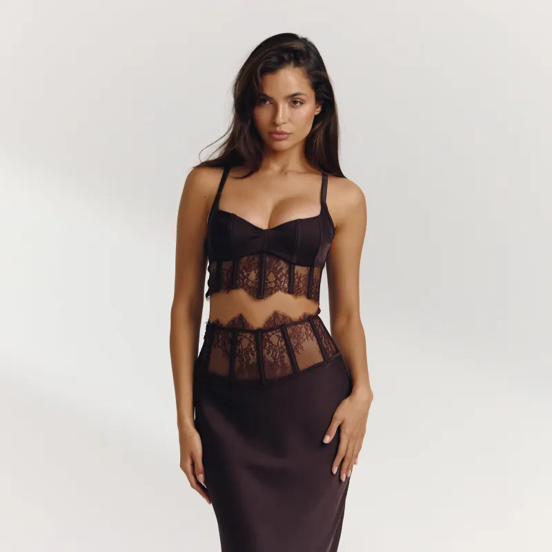 Boned Lace Top (Set) - Dark Chocolate sold by Lounge Underwear