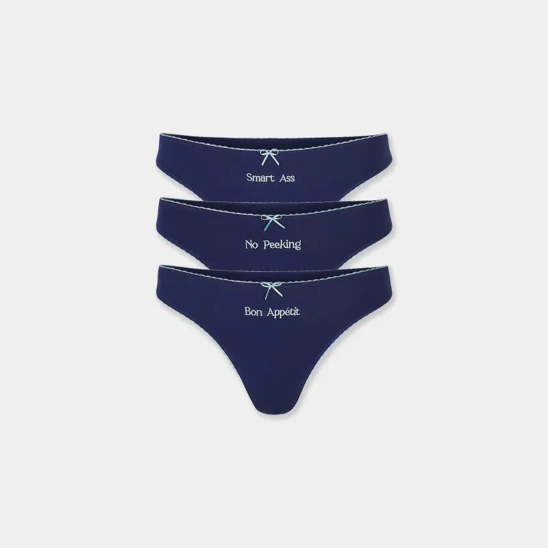 Slogan Thongs (3-Pack) - Navy sold by Lounge Underwear