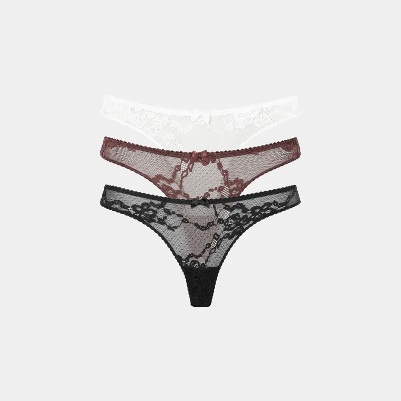 Blossom Lace Thongs (3-Pack) - Black sold by Lounge Underwear