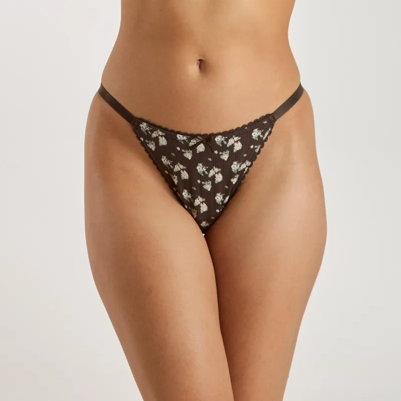 Strappy Pointelle Brazilian Briefs - Brown Floral Print sold by Lounge Underwear