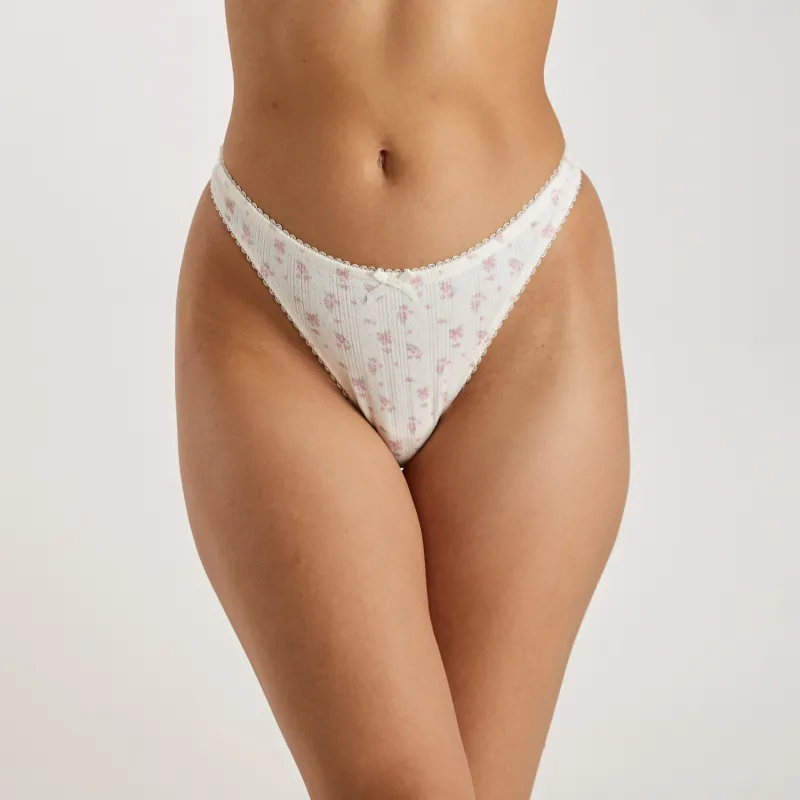 Pointelle Thong - Ivory Floral Print sold by Lounge Underwear