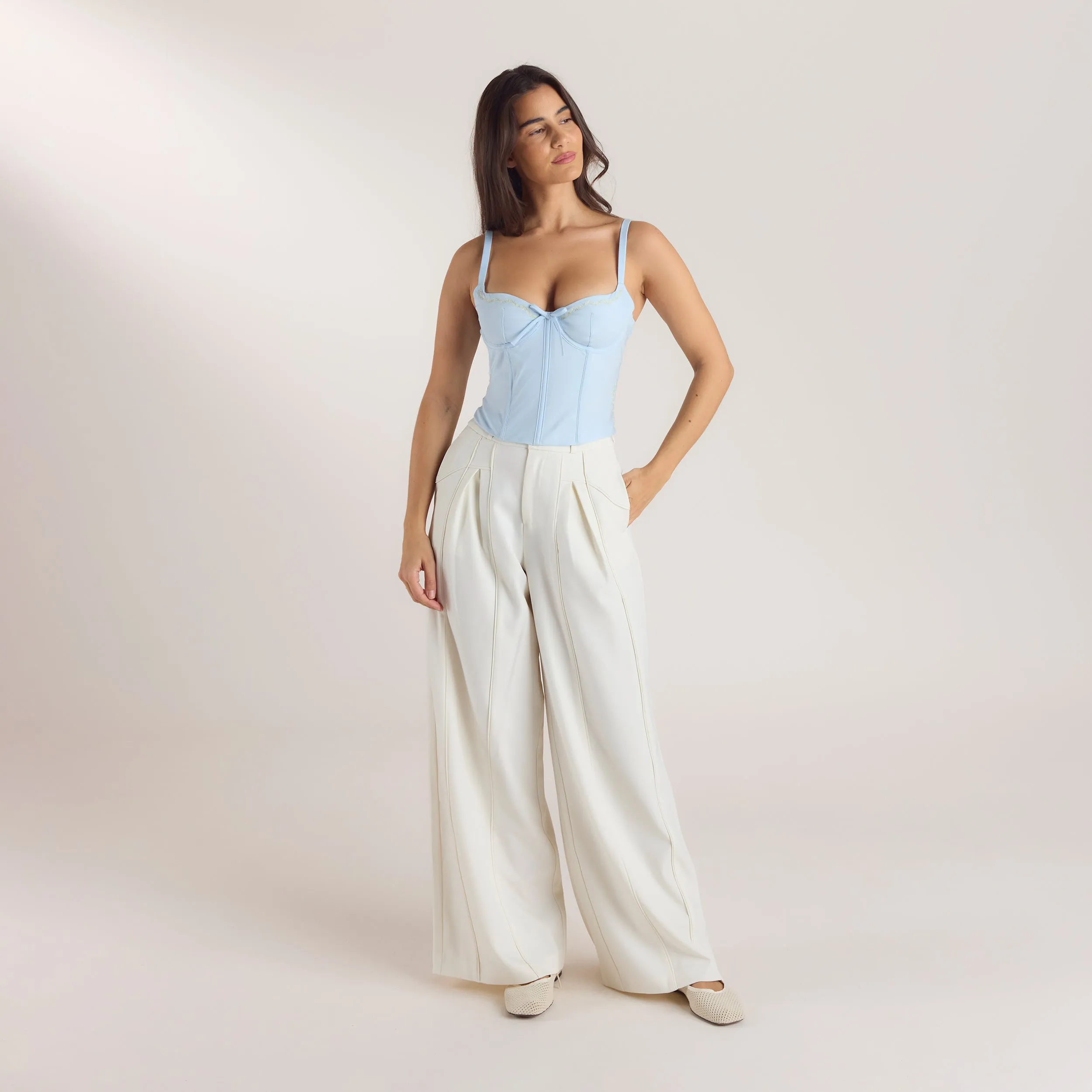 Wide-Leg Pleat Detail Trousers - Off White sold by Lounge Underwear product image thumbnail 3