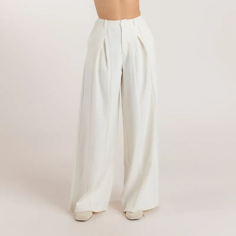 Wide-Leg Pleat Detail Trousers - Off White sold by Lounge Underwear