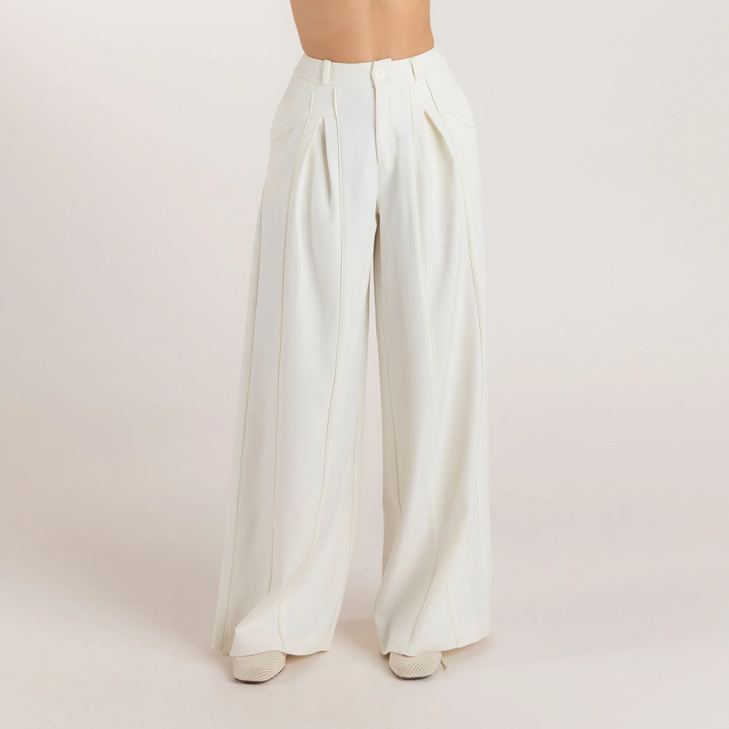 Wide-Leg Pleat Detail Trousers - Off White sold by Lounge Underwear