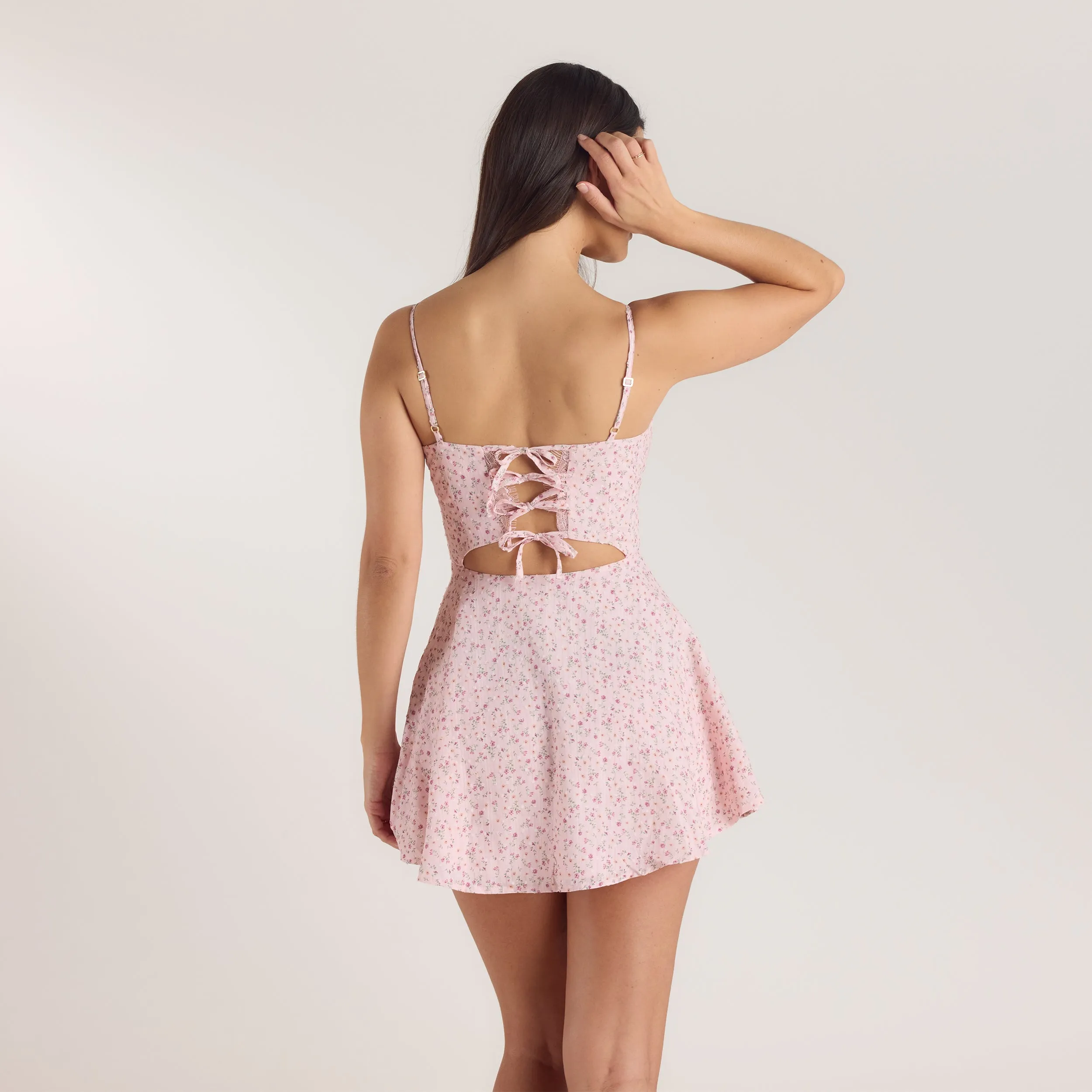 Pleat & Lace Detail Mini Dress - Pink Floral sold by Lounge Underwear product image thumbnail 2