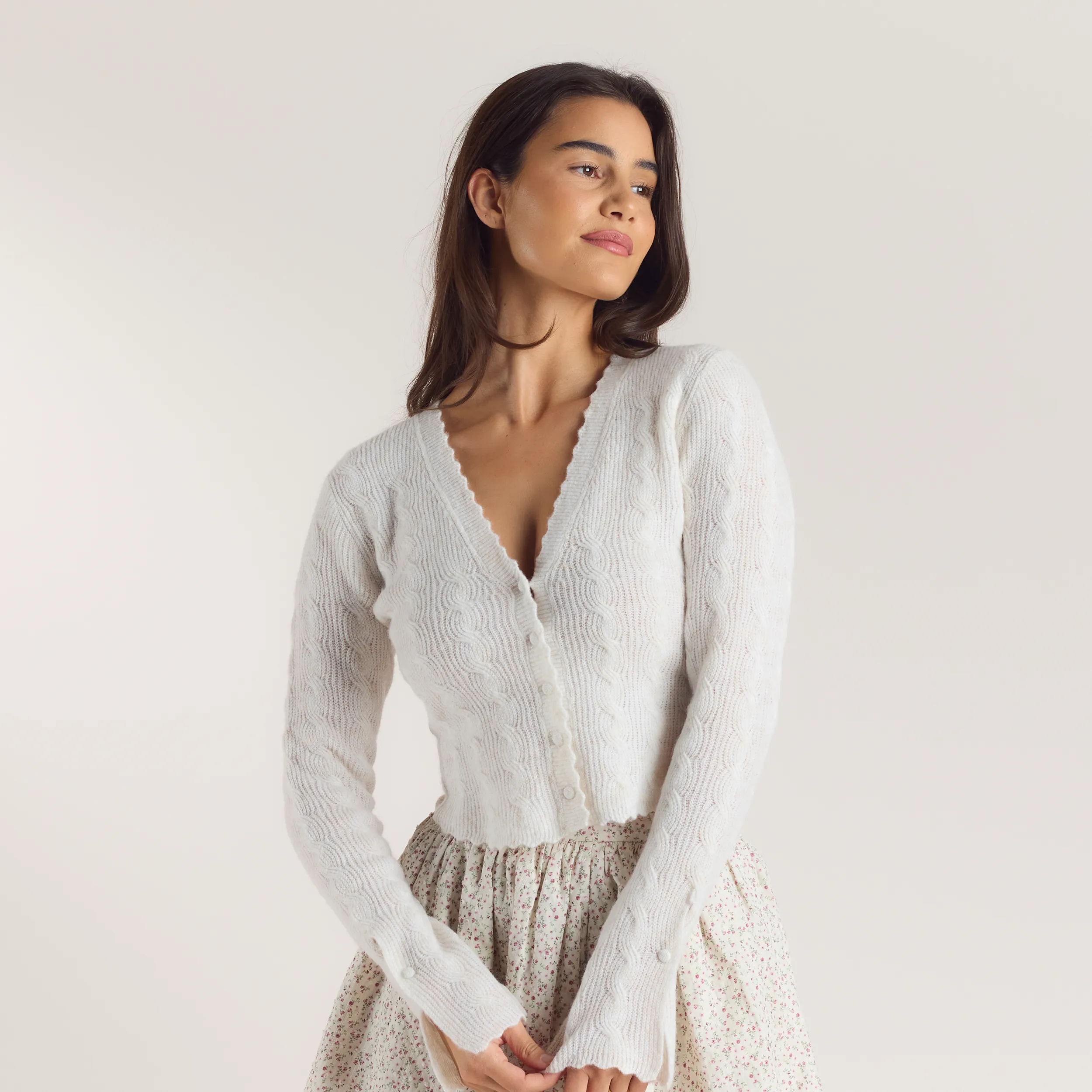 Fluted Sleeve Knitted Cardigan - Cream sold by Lounge Underwear
