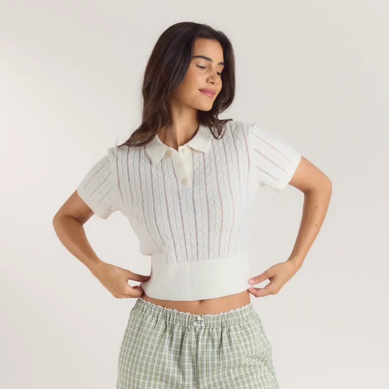 Sheer Knitted Polo Top - Cream sold by Lounge Underwear