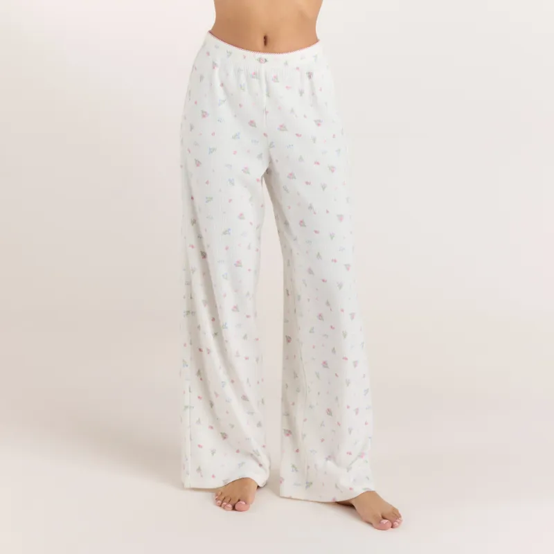 Ribbed Pyjama Bottoms - White Floral made by Lounge Underwear