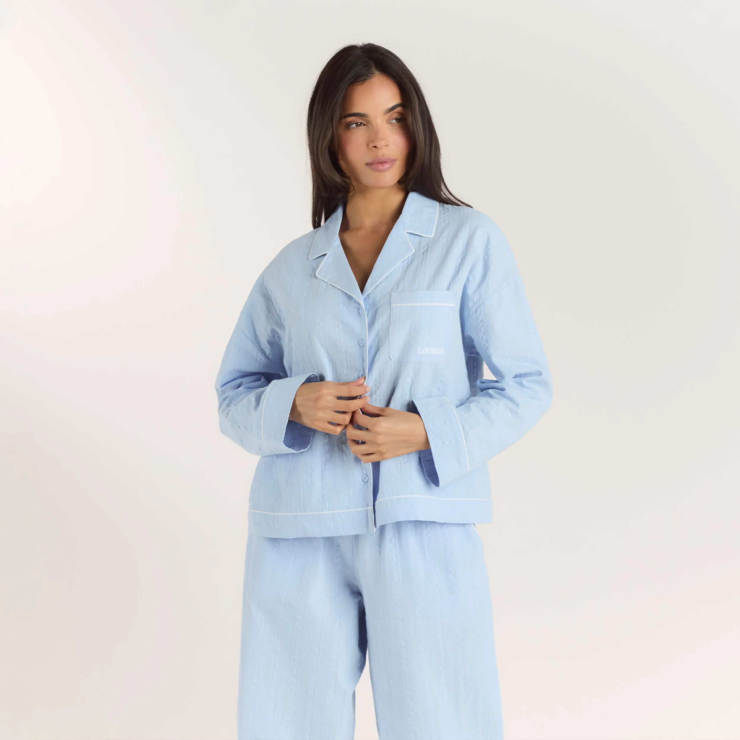 Textured Cotton Pyjama Shirt - Blue sold by Lounge Underwear