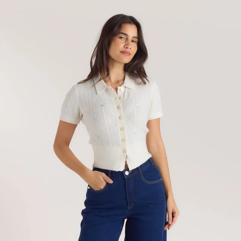 Embroidered Knitted Top - Cream made by Lounge Underwear