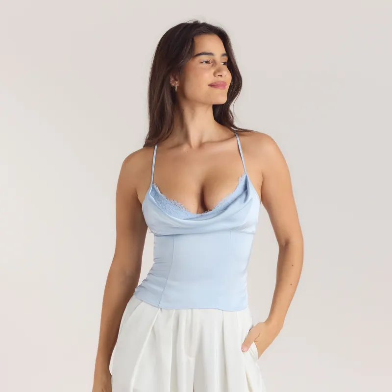 Satin Cowl Neck Cami Top - Blue made by Lounge Underwear