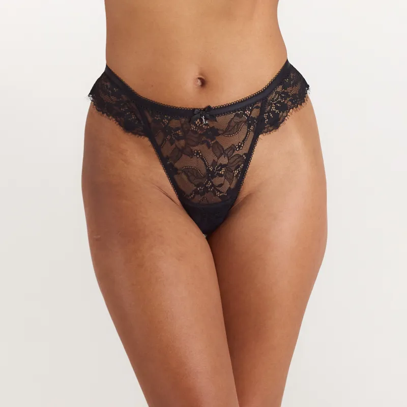 Lace Trim Thong - Black made by Lounge Underwear
