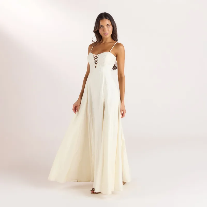 Embroidered Lace-Up Maxi Dress - Buttercream made by Lounge Underwear
