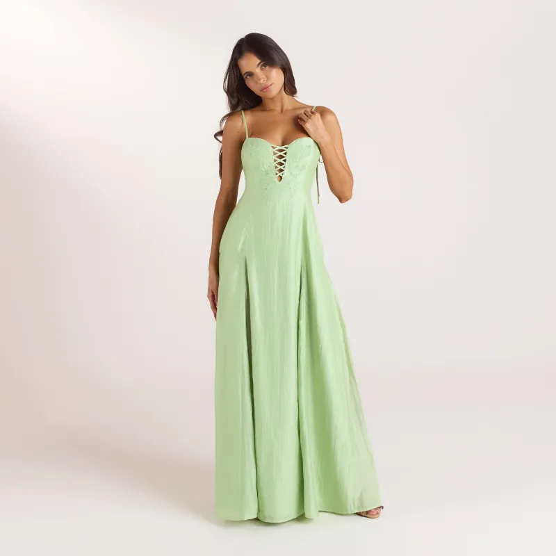 Embroidered Lace-Up Maxi Dress - Green made by Lounge Underwear